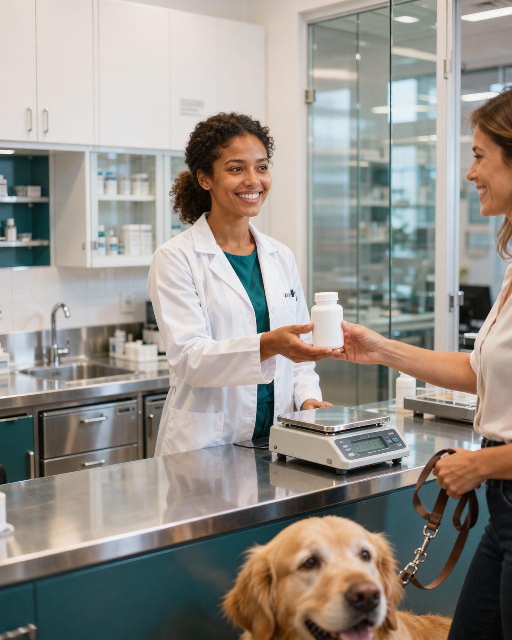 A farmacêutica entrega um frasco manipulado a uma cliente que está com seu golden retriever, no balcão da farmácia.