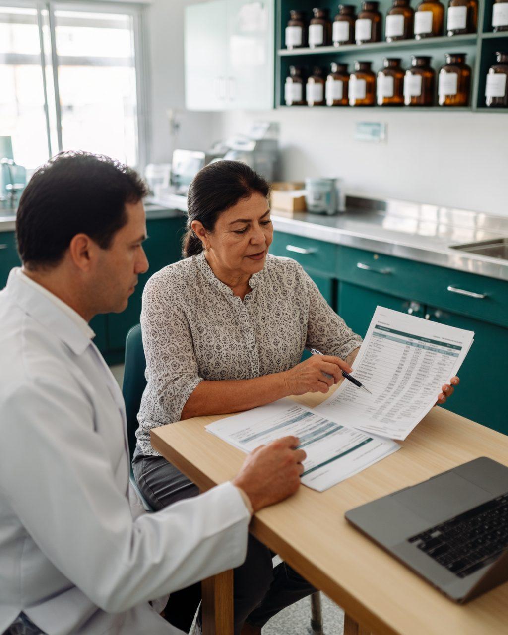 A dona da farmácia e o farmacêutico conferem juntos um relatório impresso de contagens.