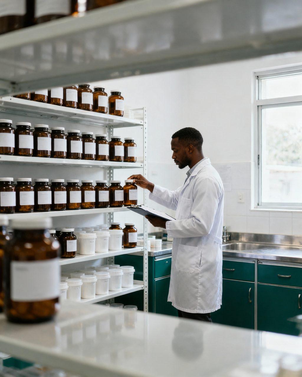 A pharmacist checks the label of a jar in the stockroom, between shelves organized by lot.