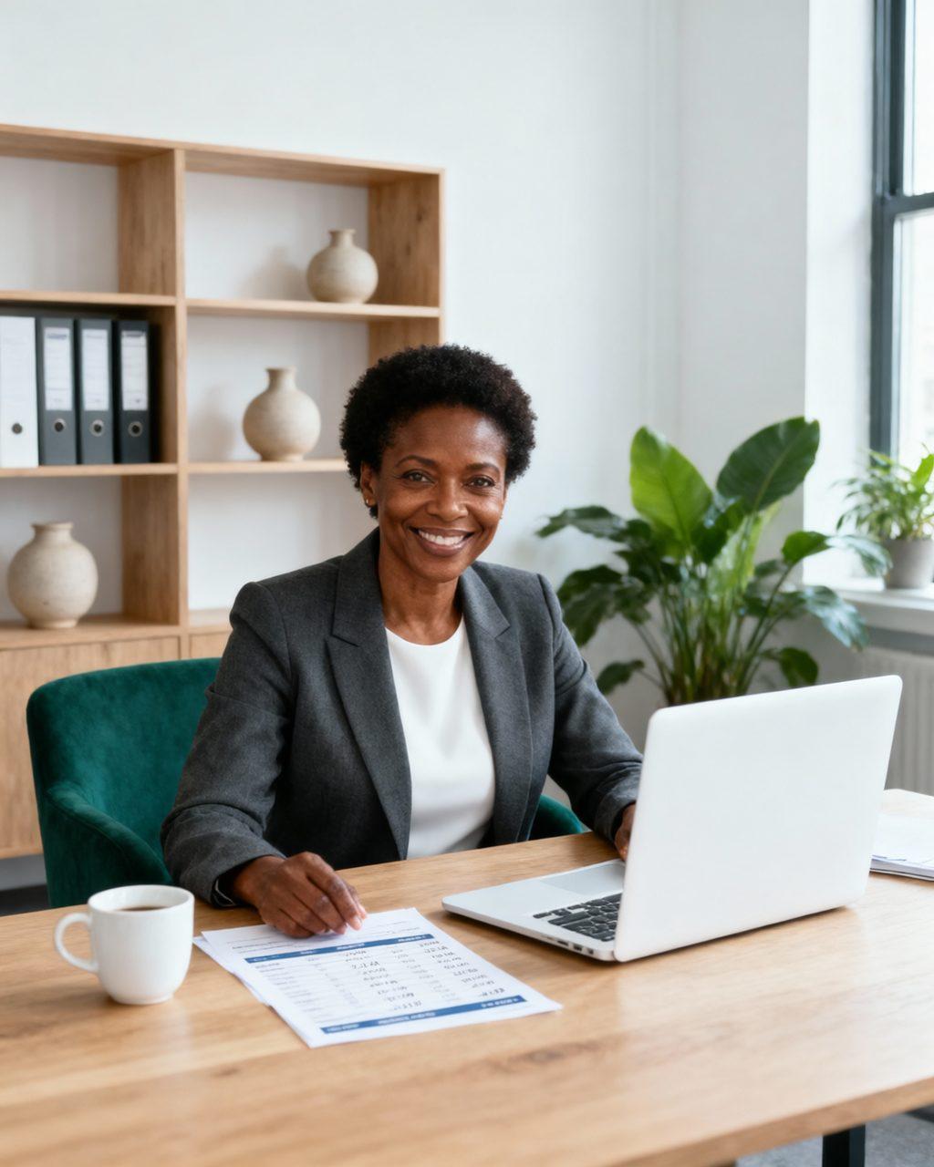 Pharmacy owner reviews the finances in her office.