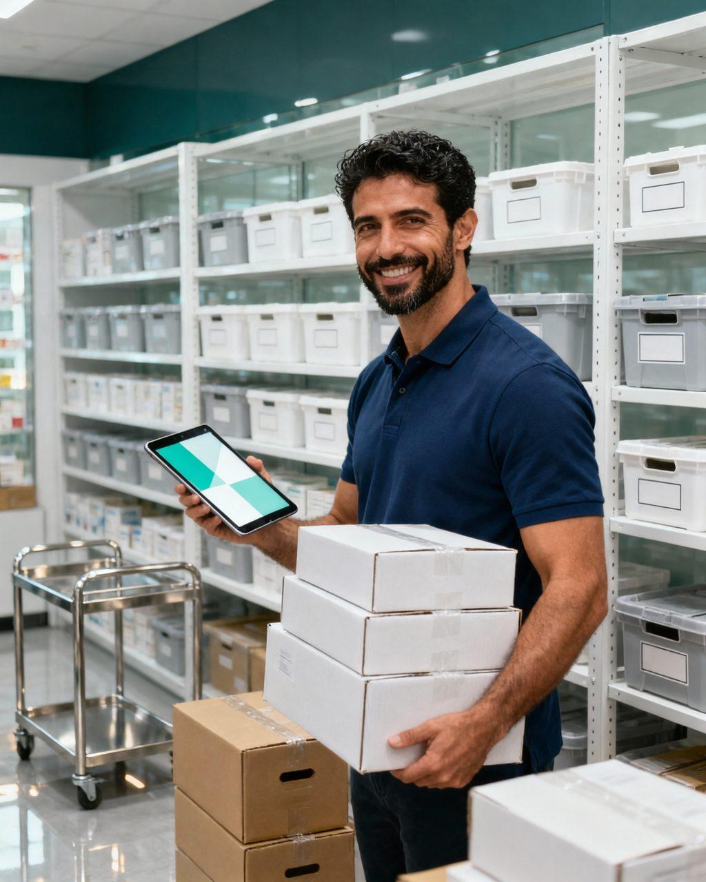 O responsável pelas compras confere no tablet as caixas recebidas, no estoque de prateleiras brancas da farmácia.