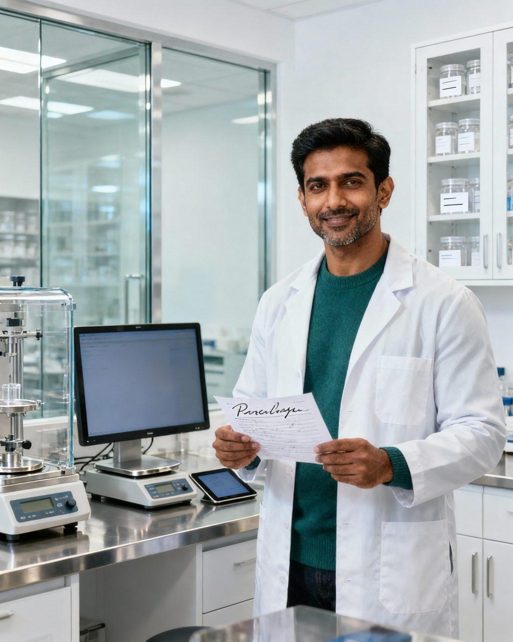 Farmacêutico confere uma receita ao lado de um tablet.