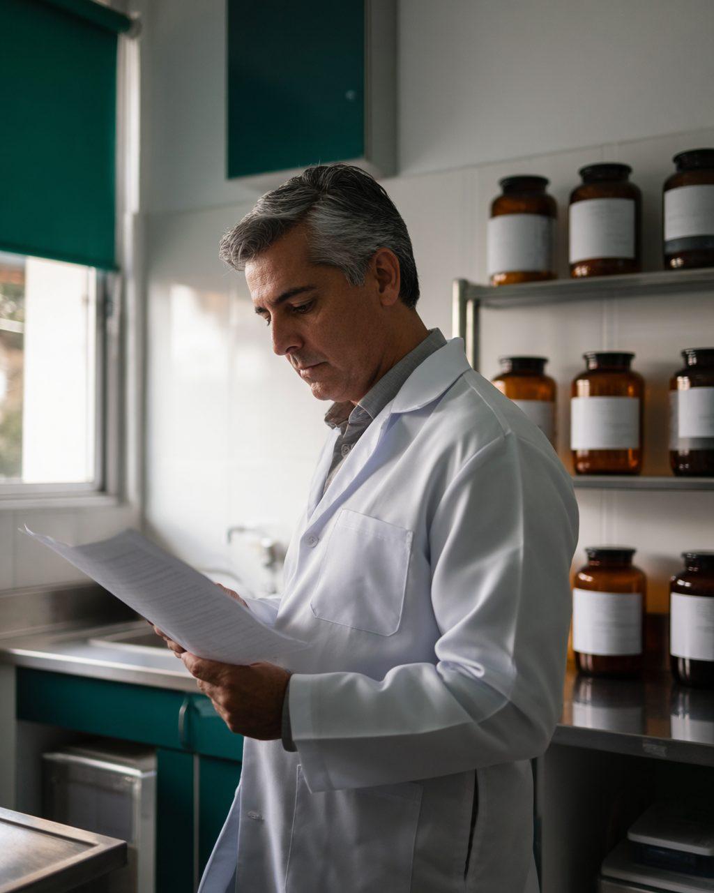 The responsible pharmacist reads a document at the bench.