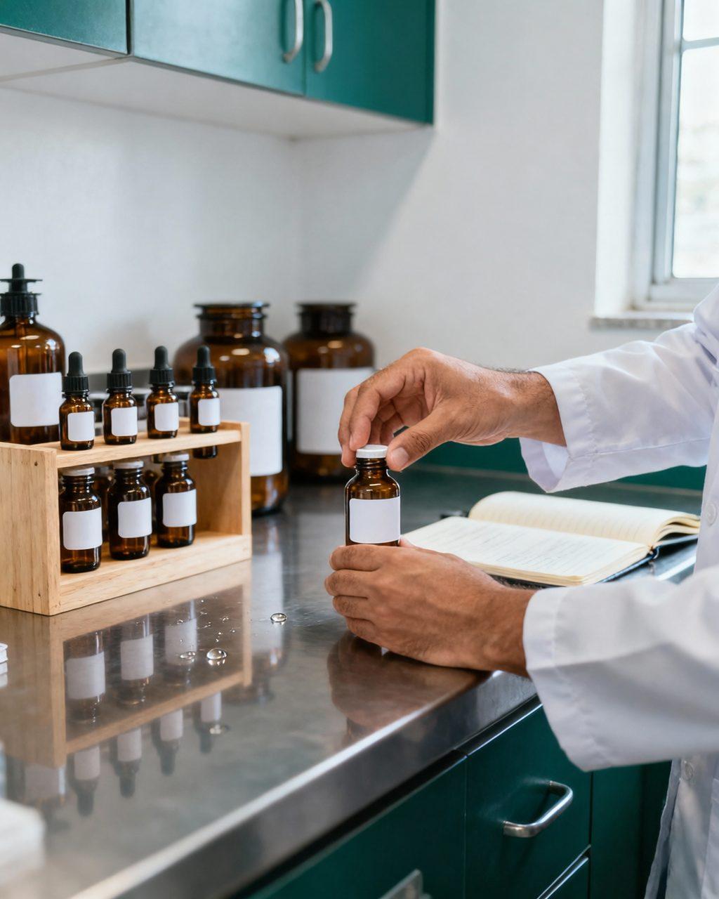 Hands label a vial at the homeopathy bench.