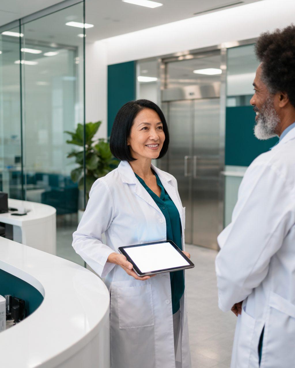 Farmacêutica conversa com um médico na recepção de uma clínica, com um tablet na mão.