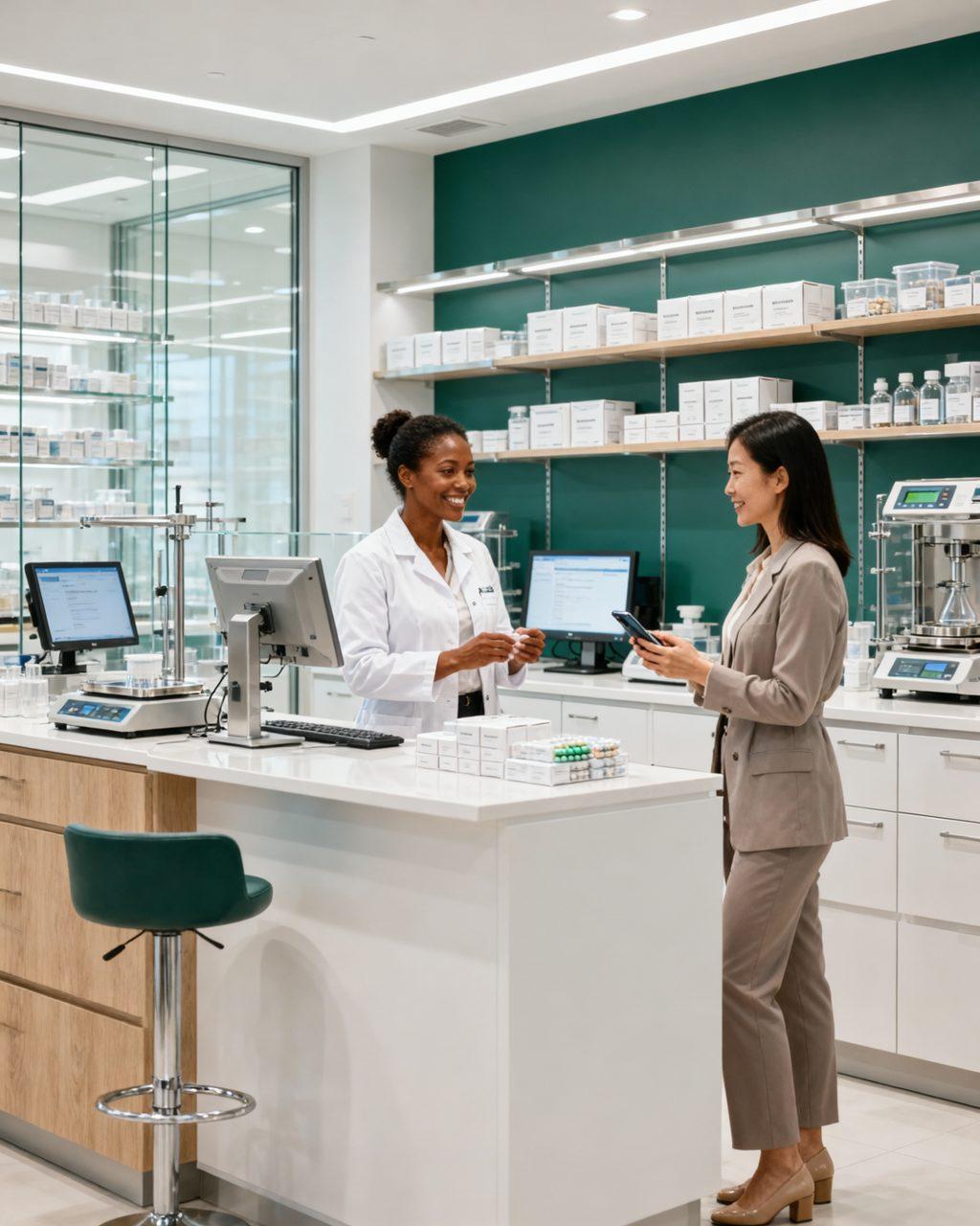 Farmacêutica atende uma cliente no balcão da farmácia.