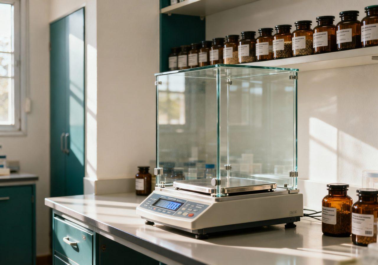 Compounding bench with an analytical balance and raw-material jars.