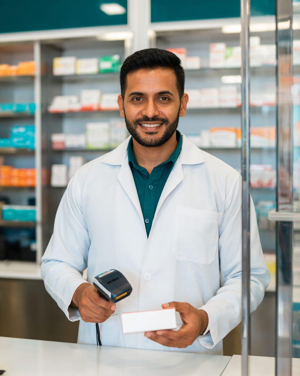 Farmacêutico escaneia o código de barras de uma caixa de medicamento no balcão da drogaria, com as gôndolas ao fundo.